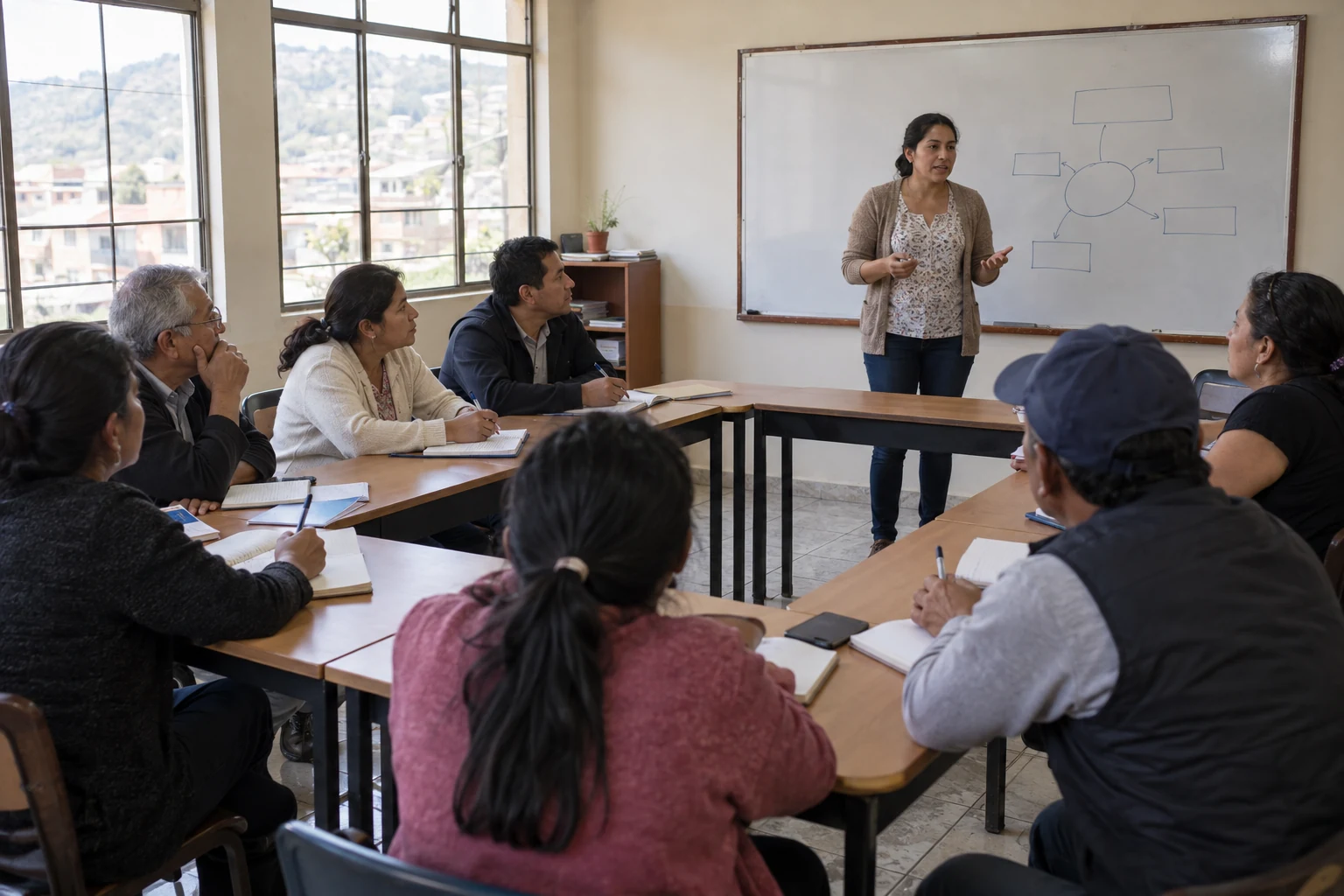 Ilustración de aprendizaje y diálogo en un aula, como contexto para la formación democrática.
